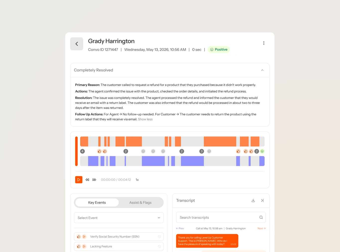 A Level AI interaction record with an AI summary, a speaker timeline, key events such as verifying an SSN, and the transcript, as taken from Level AI's screen recording page