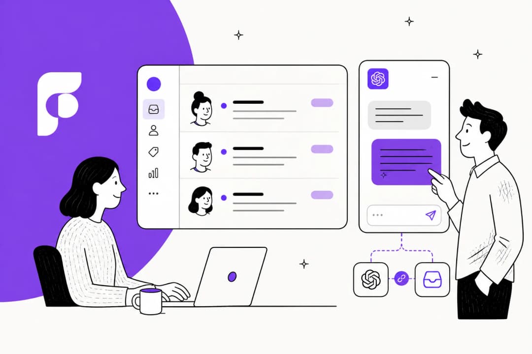 Illustration of a Front shared inbox beside a ChatGPT window, connected by a link icon.
