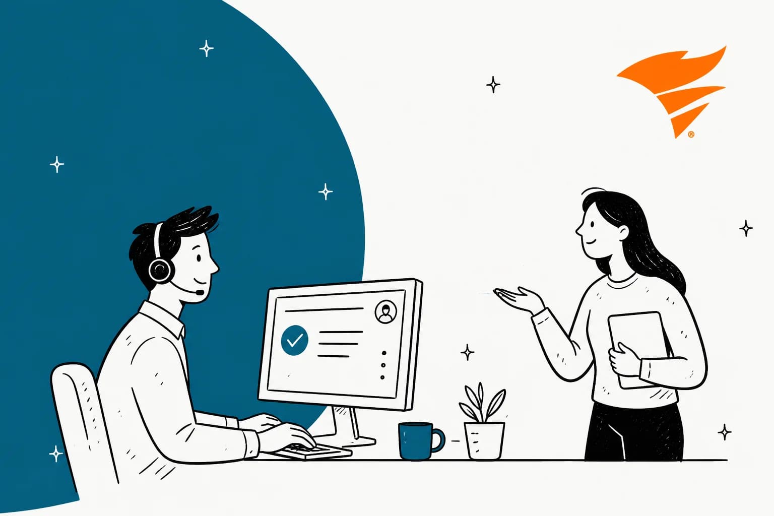 Illustration of a support technician working a web help desk queue while a colleague asks a question