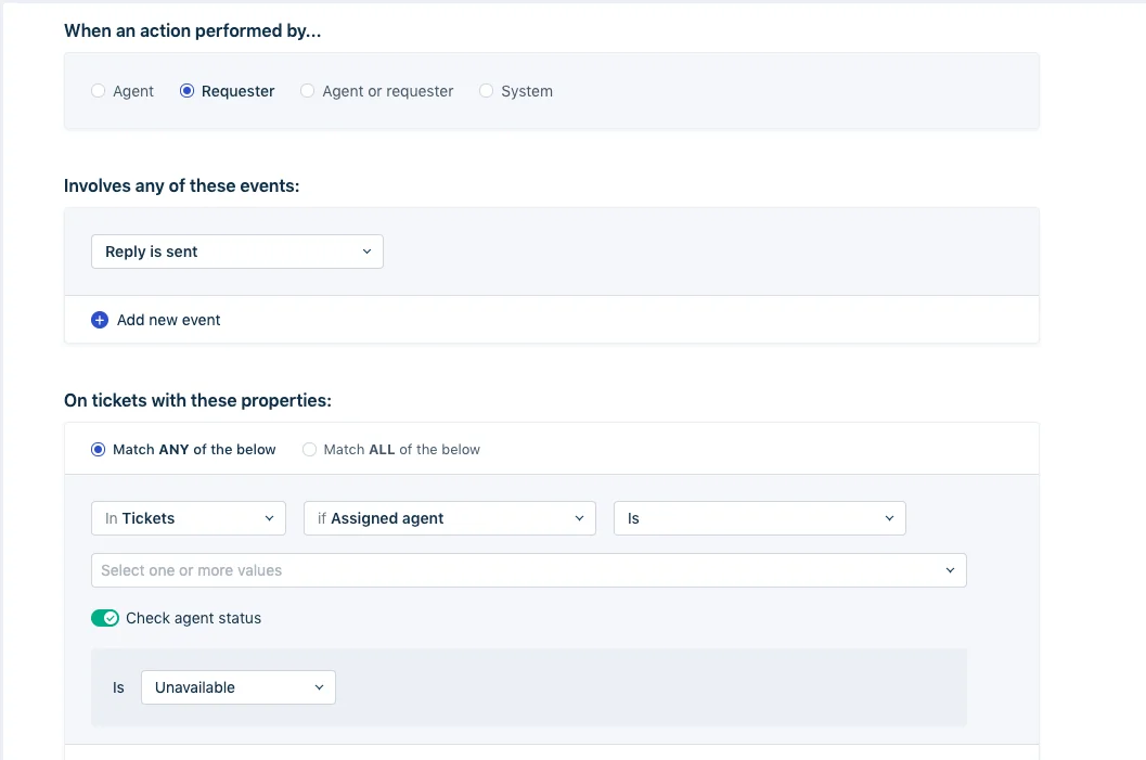 Freshdesk automation rule triggered when the requester sends a reply, checking whether the assigned agent's status is Unavailable, as taken from Freshdesk