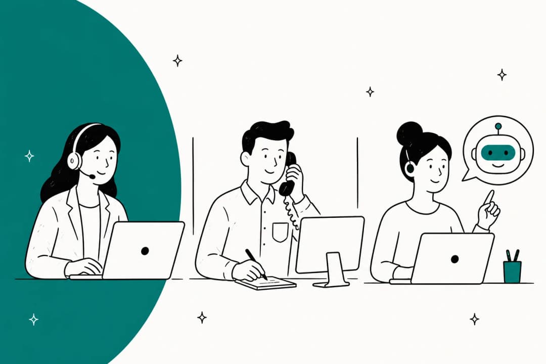 Illustration of three help desk delivery models: an in-house agent, an outsourced agent on a call, and an agent working alongside an AI assistant