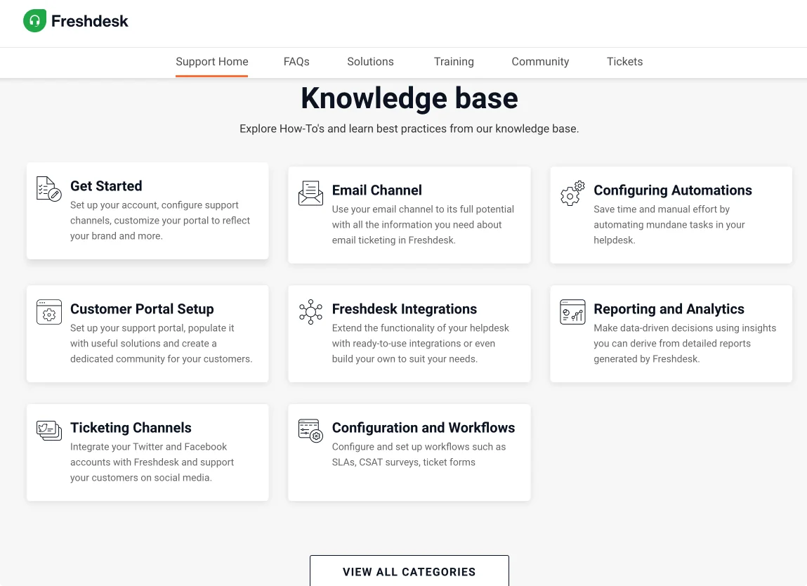 Freshdesk's own help center category index, with a one-line description under every category, as taken from Freshdesk docs