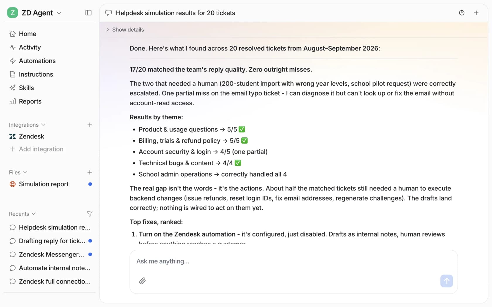 eesel simulation results showing 17 of 20 past Zendesk tickets matched the team's reply quality, with results broken down by theme