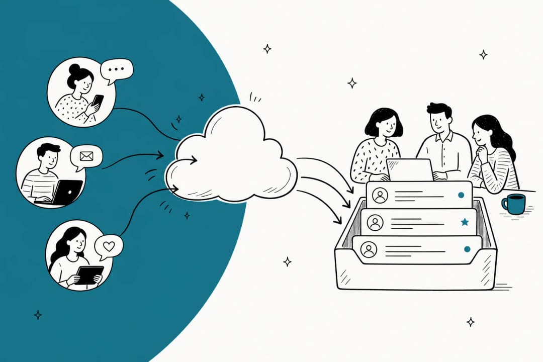 Illustration of customer conversations flowing through a cloud into a shared team inbox, in teal tones