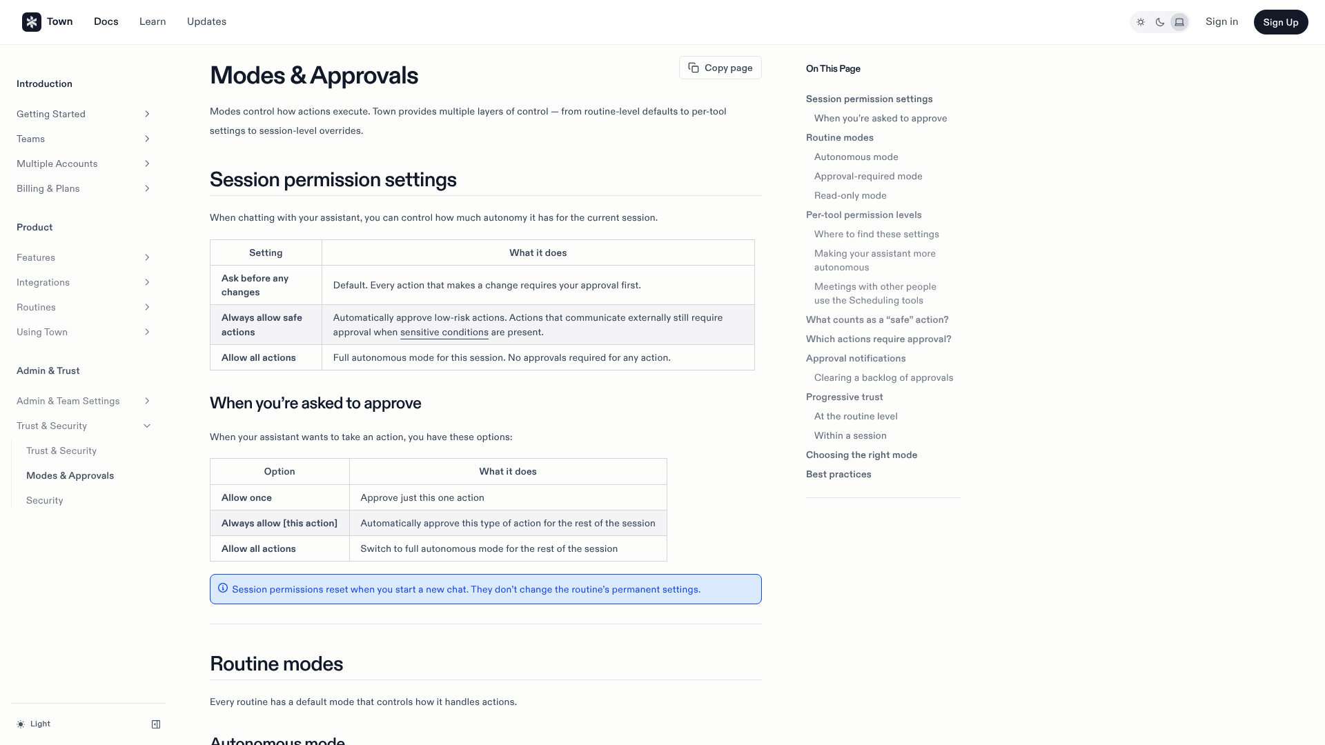 Town's Modes and Approvals docs page showing the three session permission settings and the Allow once, Always allow and Allow all actions options, as taken from Town's docs