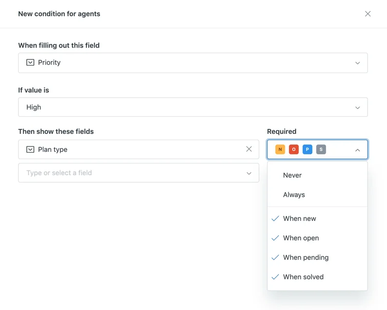 Zendesk new condition for agents dialog showing when filling out the Priority field with value High, then show the Plan type field, with a Required dropdown offering never, always, when new, when open, when pending and when solved, as taken from Zendesk