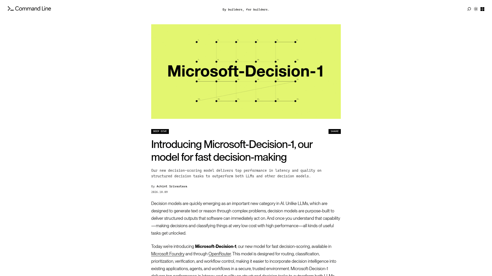 Microsoft Command Line blog post introducing Microsoft-Decision-1 by Achint Srivastava, dated 2026.10.09, as taken from Microsoft's announcement
