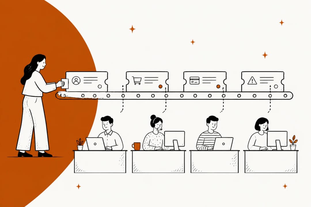 Illustration of support tickets moving along a conveyor belt into four different desks