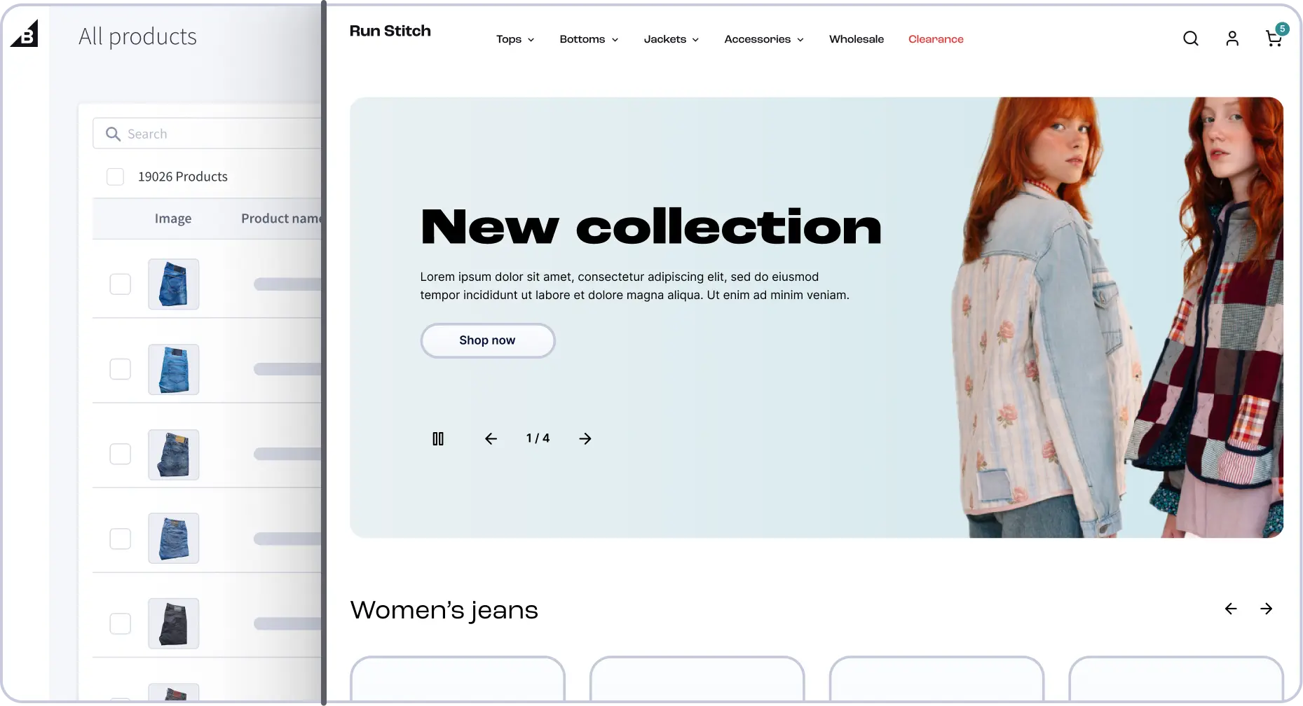 BigCommerce's product-management admin next to a live storefront, as shown on BigCommerce