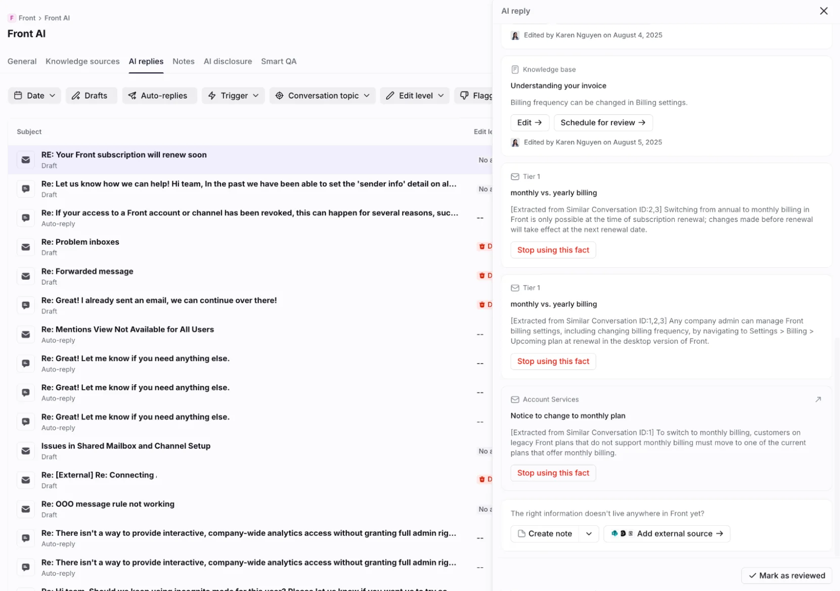 Front AI replies hub listing AI drafts and sent replies, with a side panel showing the sources and excerpts behind one reply and Stop using this fact links, as taken from Front's help center