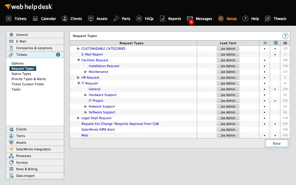 Web Help Desk request type tree with lead tech assignment per category, as taken from SolarWinds