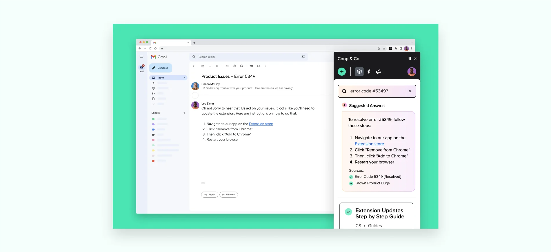 Guru surfacing a suggested answer card inside Gmail