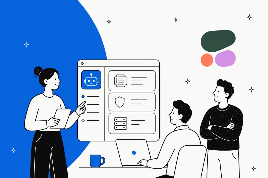 Hand-drawn illustration of a team reviewing an AI agent workspace with shield and server panels, with the Cohere logo in the corner