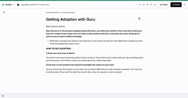 A Guru Card in the reader view, where AI Assist offers translate and summarize on the existing English content, as taken from Guru