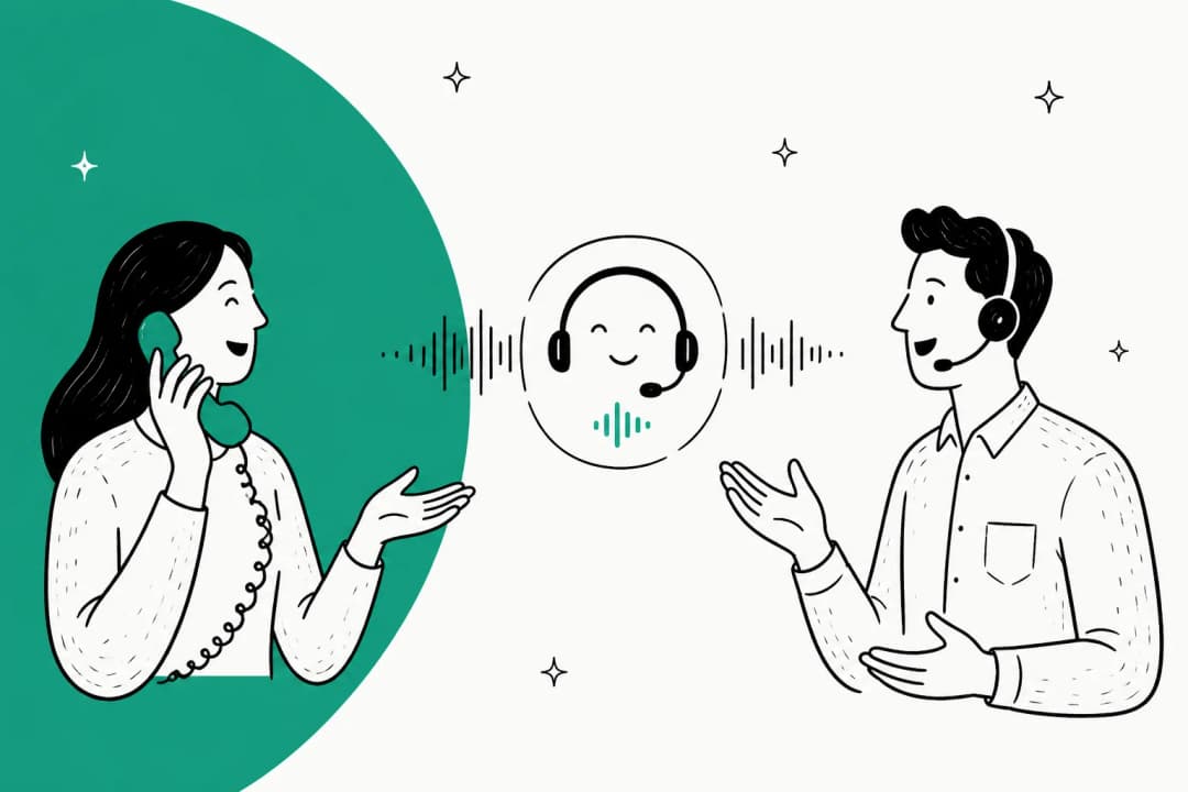 Two people having a natural conversation with an AI voice assistant, sound waves flowing between them