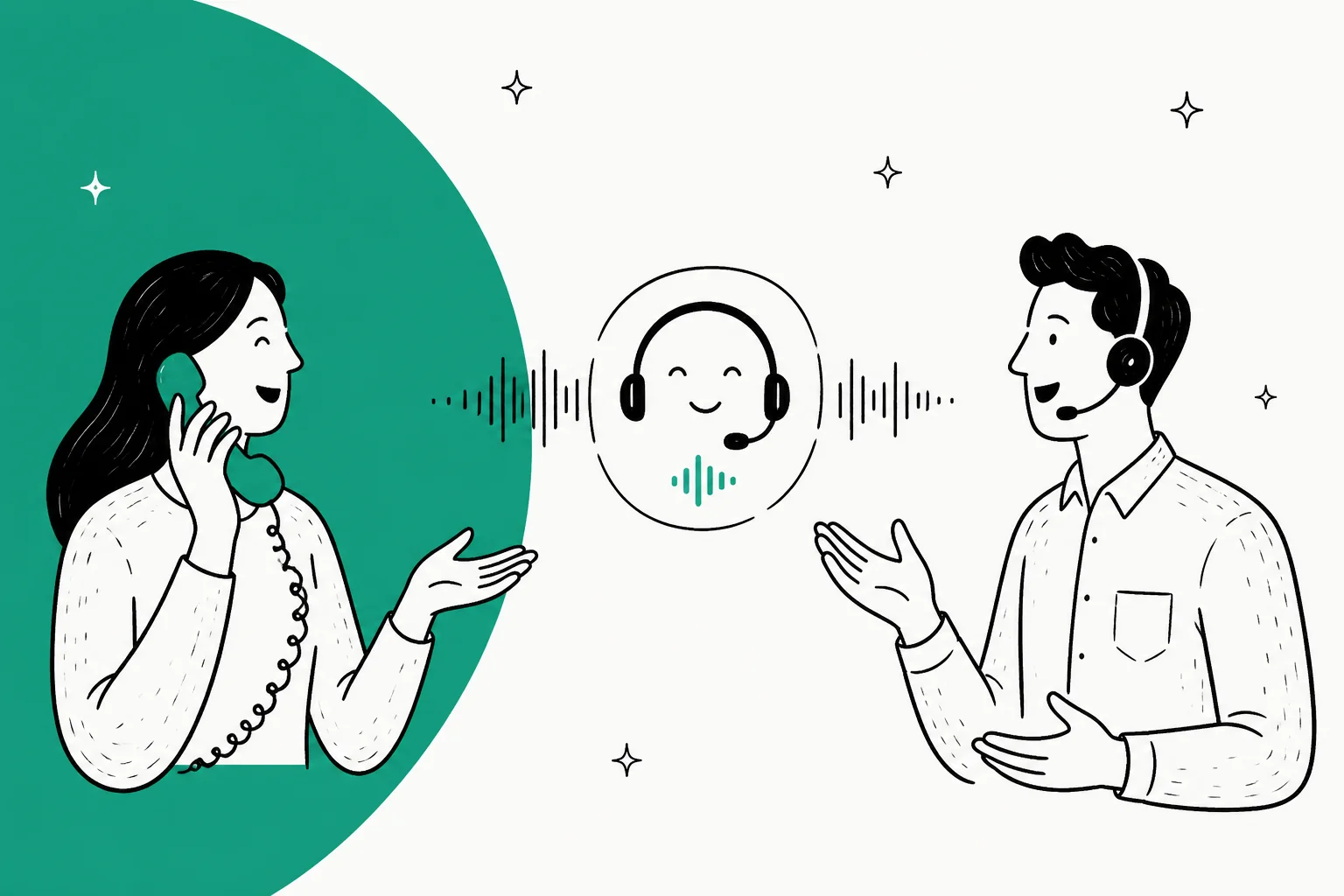 Two people having a natural conversation with an AI voice assistant, sound waves flowing between them