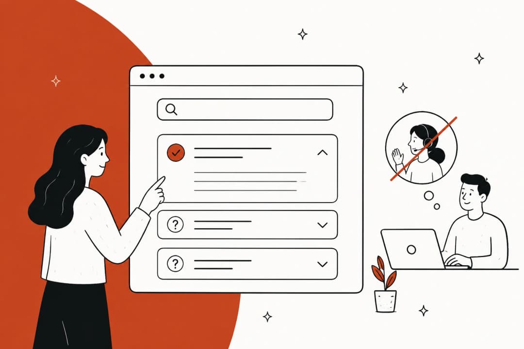 Illustration of a public help center FAQ page with a search box and question cards