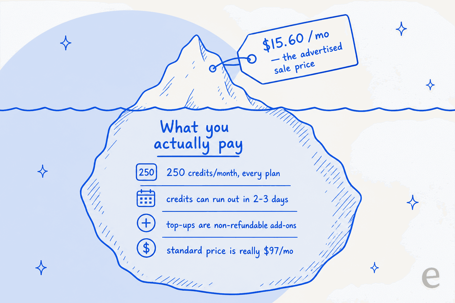 Iceberg infographic showing Sintra's advertised $15.60/mo sale price above the waterline and the real costs, 250 credits every plan, credits gone in 2-3 days, non-refundable top-ups, $97/mo standard price, below it
