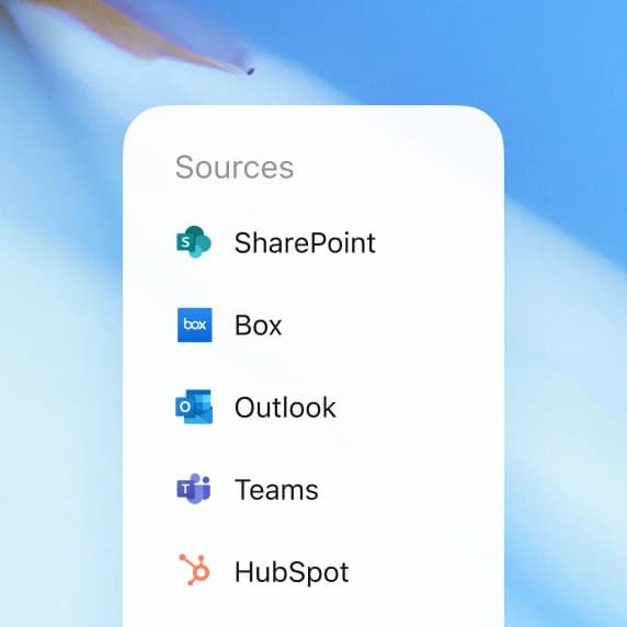 ChatGPT Work connector sources list showing SharePoint, Box, Outlook, Teams, and HubSpot, as shown on openai.com/business