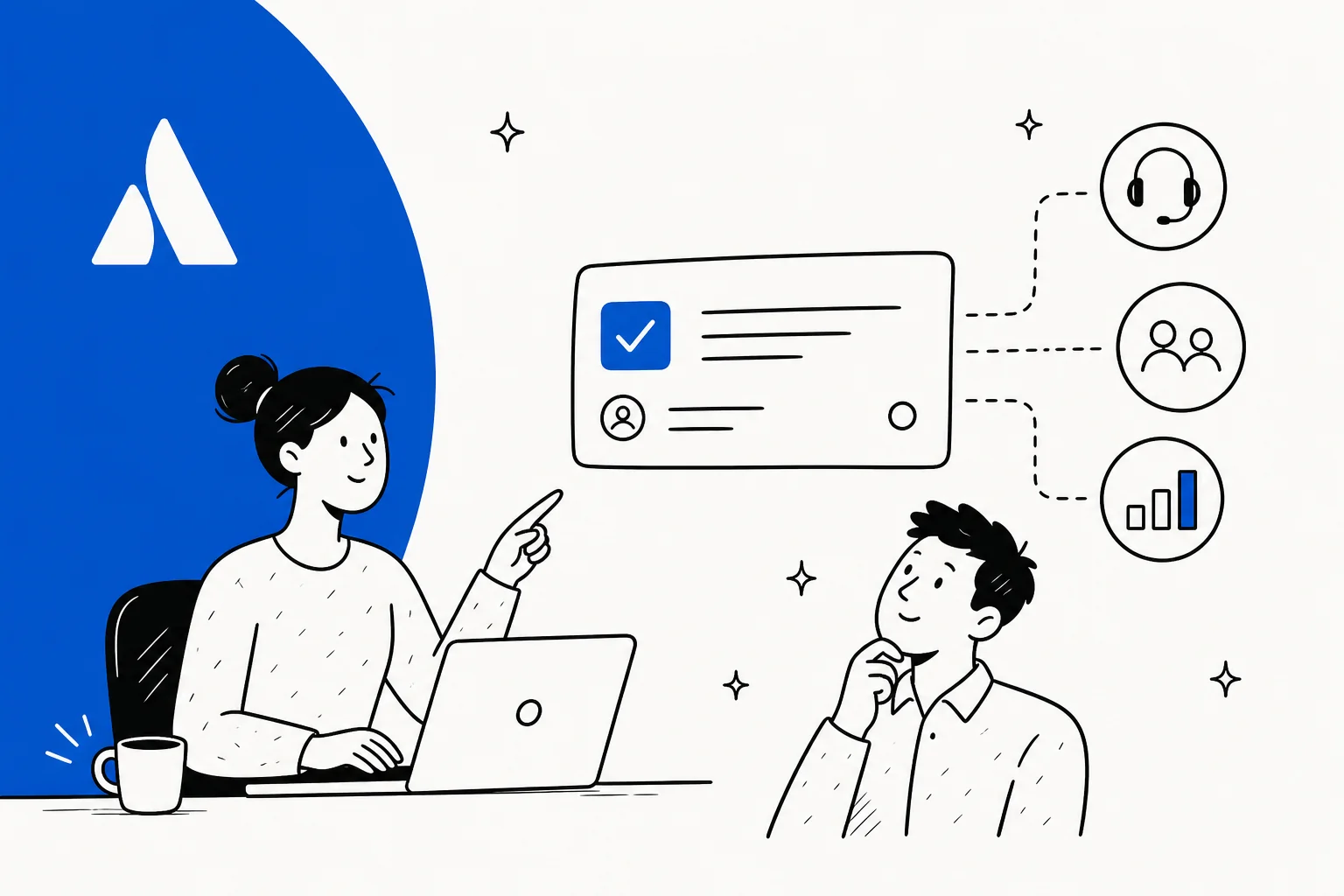 Illustration of a Jira ticket routing to support, teams and reporting