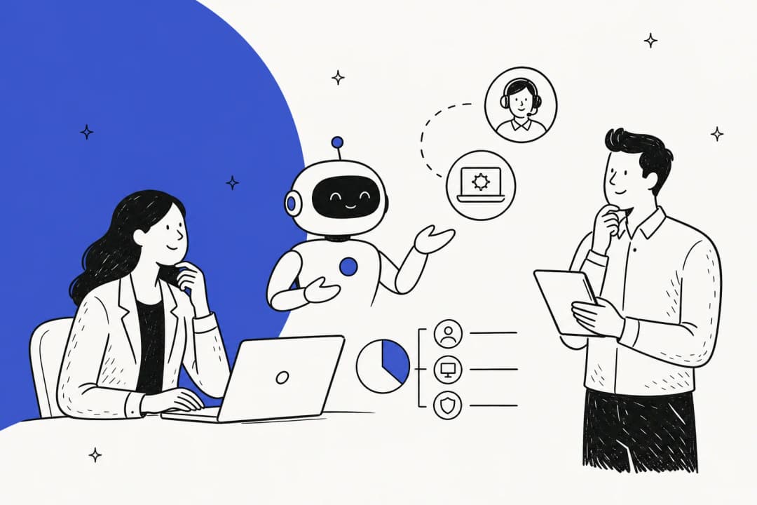 Illustration of an AI assistant helping two people evaluate an enterprise software pricing decision