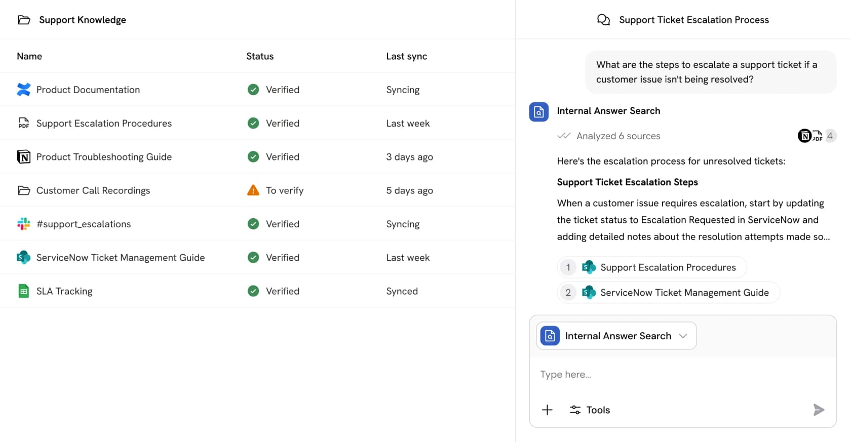 Cassidy support knowledge dashboard listing documents with verification status and last sync date, next to an escalation-process answer, as taken from Cassidy