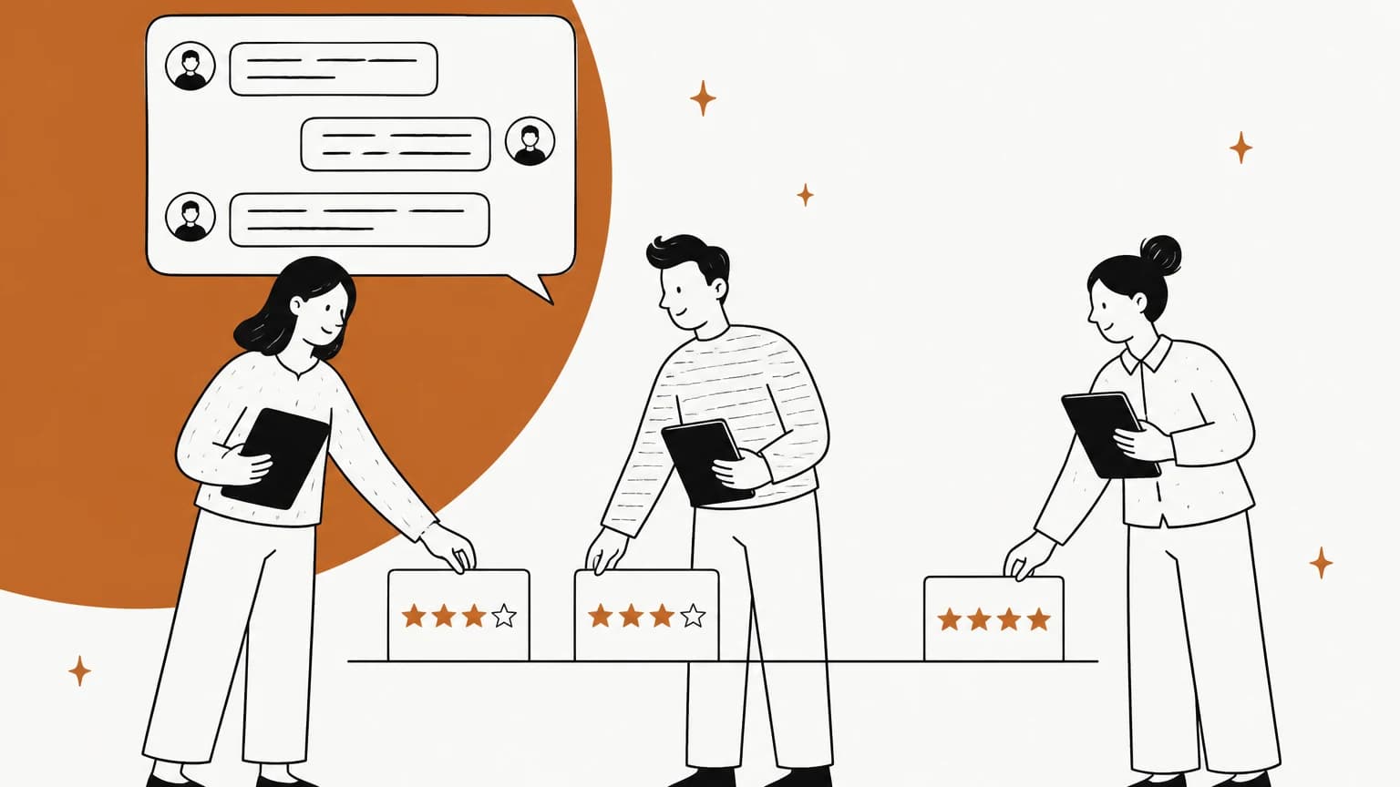 Hand-drawn illustration of three support QA reviewers each holding a tablet and placing star-rating cards side by side on a shared line, two cards showing three stars and one showing four, below a customer conversation bubble