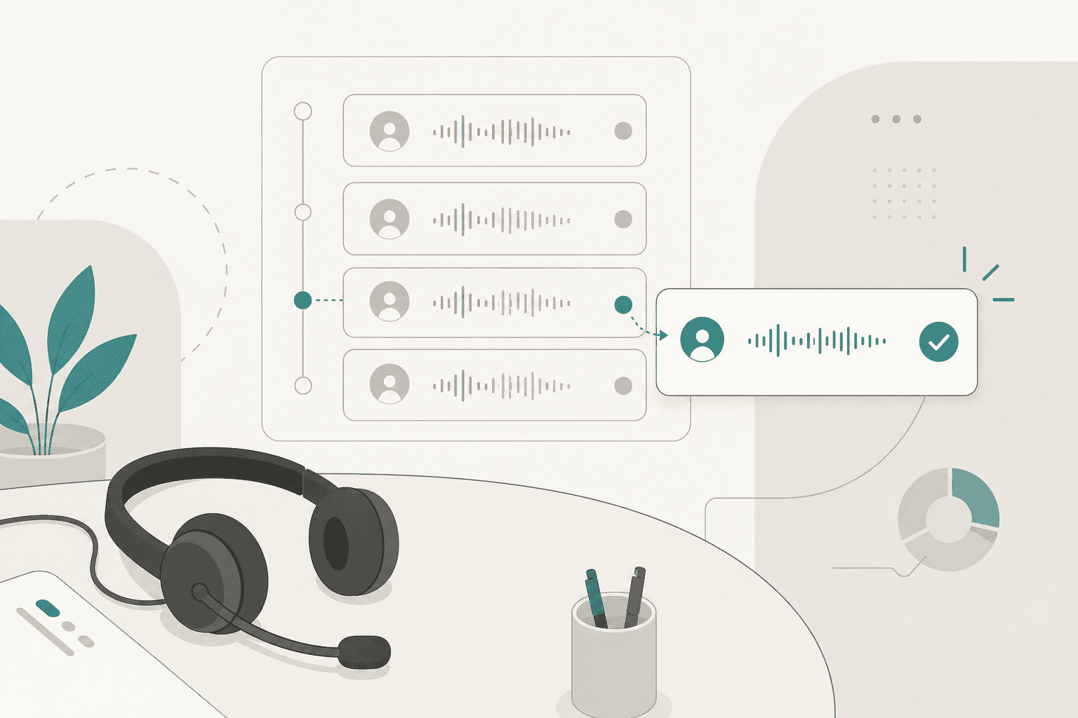 Illustration of a support desk with a headset beside a call queue panel, one call lifted out and resolved