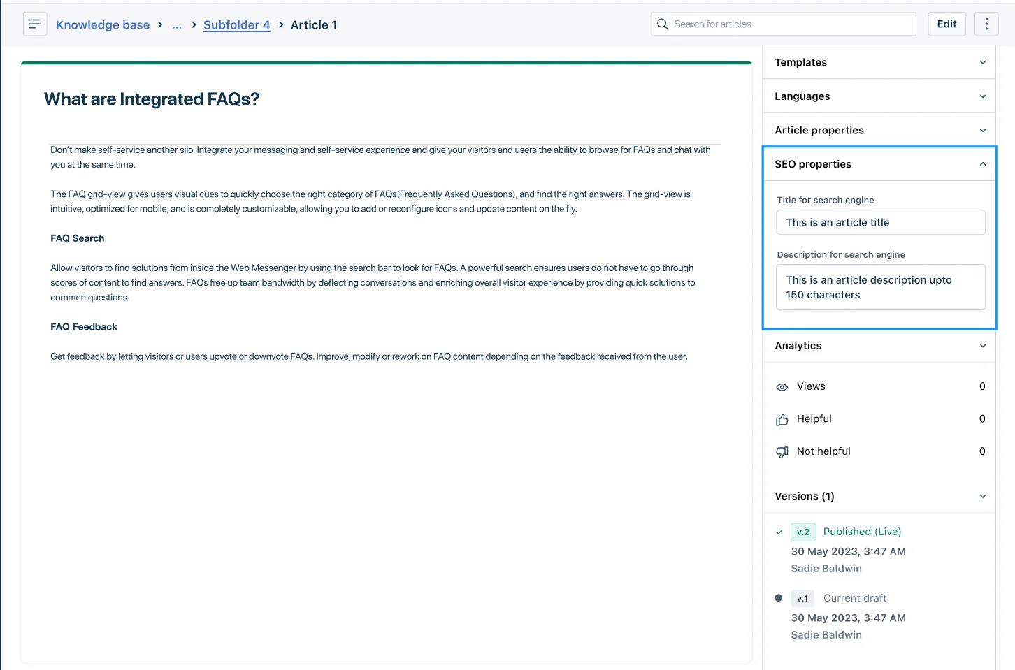 The Freshdesk article editor right pane showing SEO properties, Analytics and Versions, as taken from Freshdesk docs