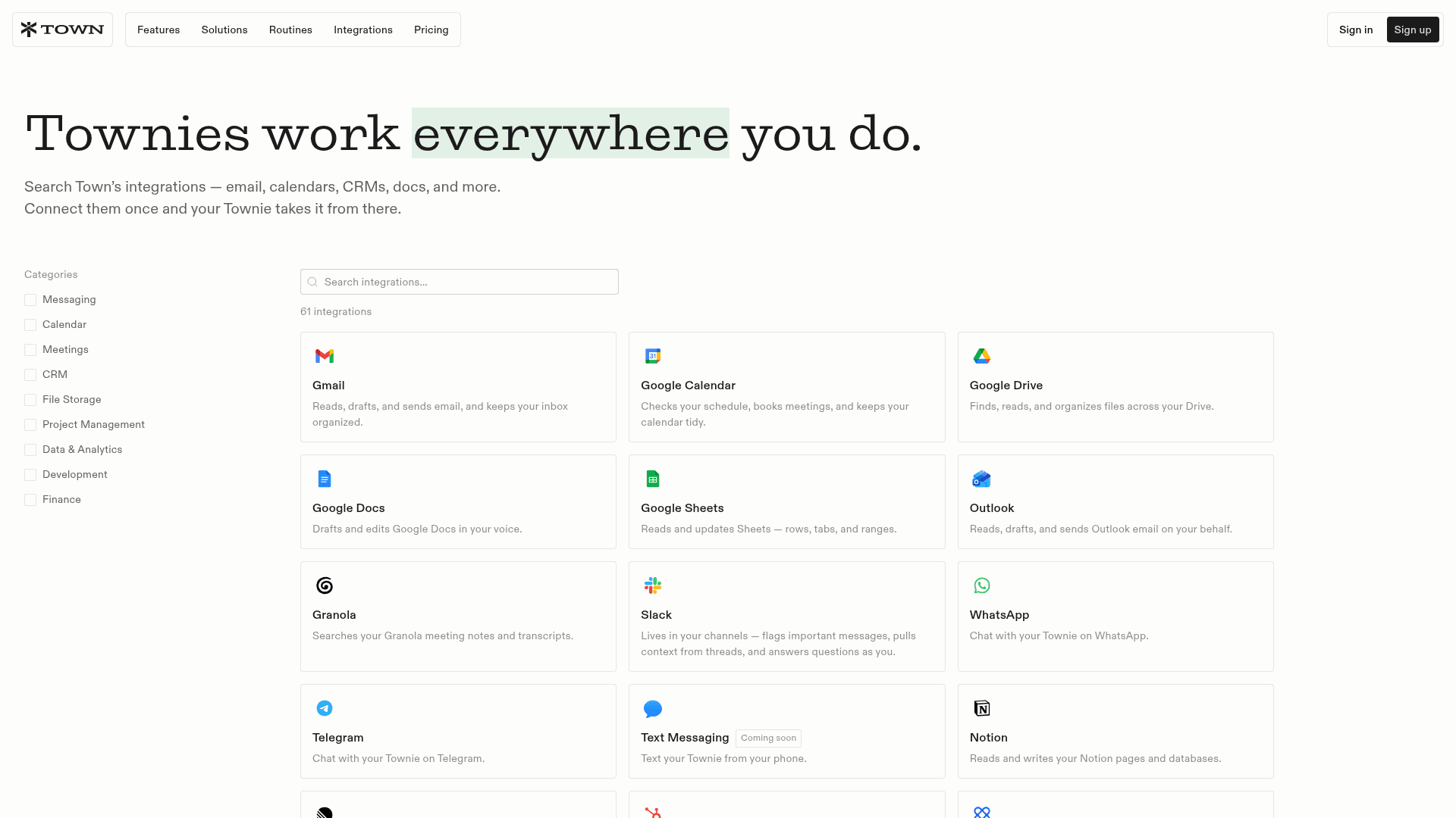 Town's integrations directory, "Townies work everywhere you do", showing 61 integrations including Gmail, Google Calendar, Outlook, Slack, WhatsApp and Notion, as taken from Town's website
