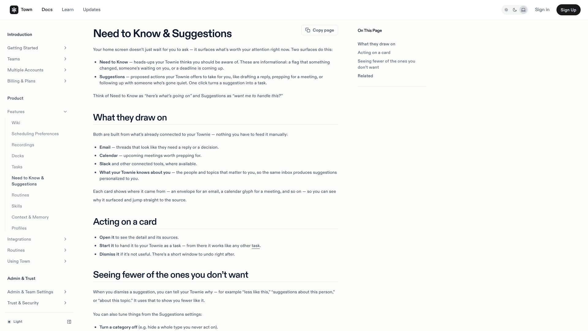 Town's Need to Know and Suggestions docs page, explaining that Suggestions can offer to follow up with someone who has gone quiet, as taken from Town's docs
