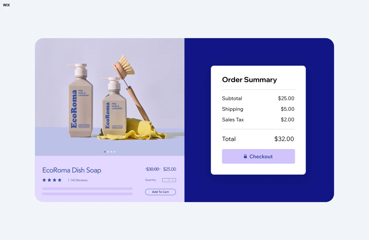 A Wix store product page and order summary, as shown on Wix