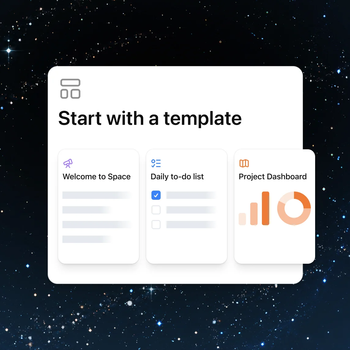 Template cards for Welcome to Space, a daily to-do list, and a project dashboard, as taken from the ChatGPT Space feature page