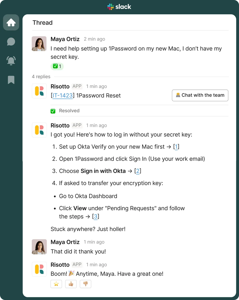 Risotto walking an employee through a multi-step 1Password setup inside a Slack thread, as shown on Risotto