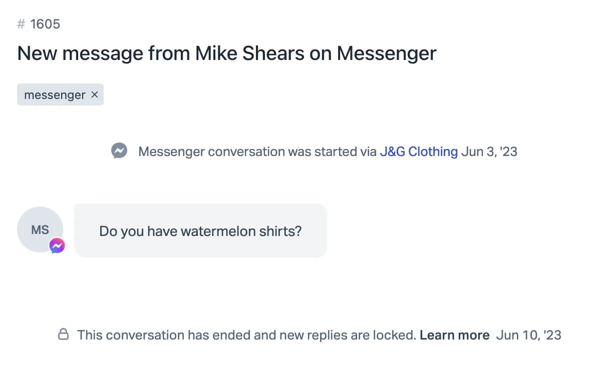 A Messenger conversation in Help Scout with a single customer question and a banner reading this conversation has ended and new replies are locked, as taken from Help Scout's locked conversations article