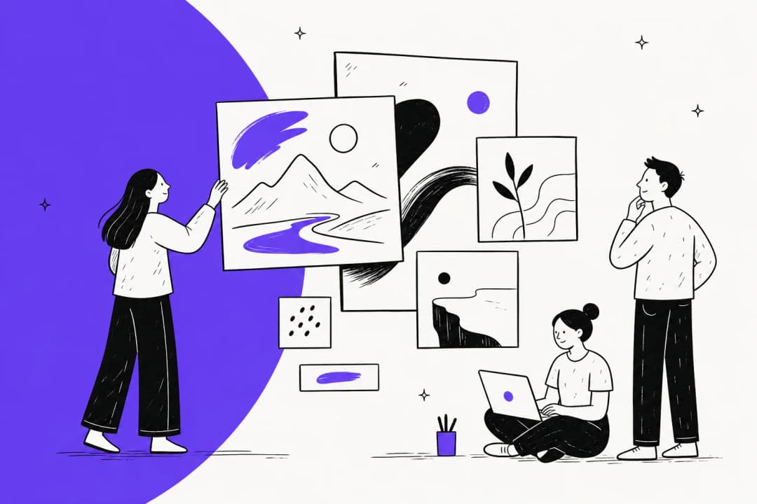 Illustration of a creative studio arranging AI-generated image panels, in violet and off-white