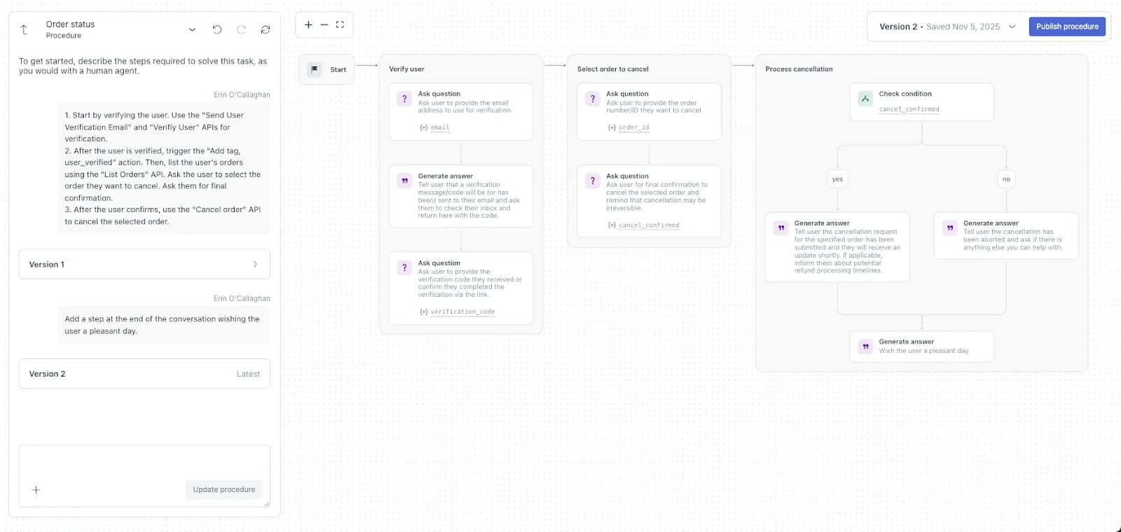 Zendesk generative procedure builder with plain-language steps for an order cancellation on the left and the generated procedure map with verify user, select order and process cancellation stages on the right, as taken from Zendesk