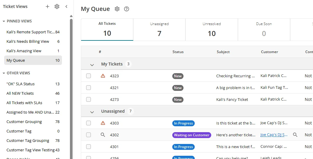 Syncro's My Queue view, with a pinned Ticket Views sidebar, All Tickets and Unassigned counters and status pills on each row, as taken from the Syncro docs