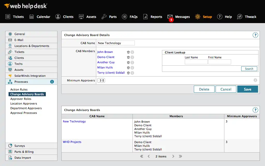 Web Help Desk Change Advisory Board setup with members and minimum approvers, as taken from SolarWinds