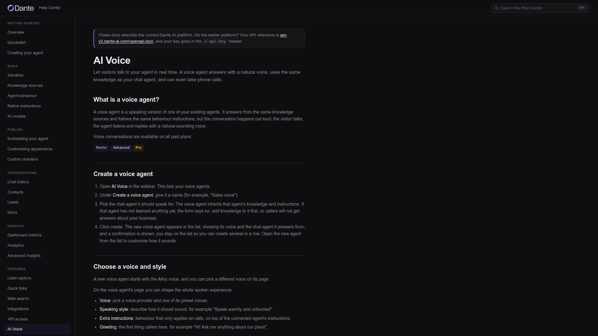 Dante AI help center AI Voice page explaining what a voice agent is and how to create one, captured from Dante AI
