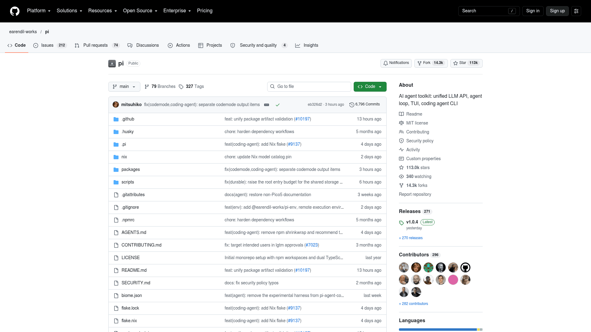 The earendil-works/pi repository on GitHub, showing 113k stars, 14.3k forks, the MIT license, 296 contributors and the v1.0.4 release, as taken from GitHub