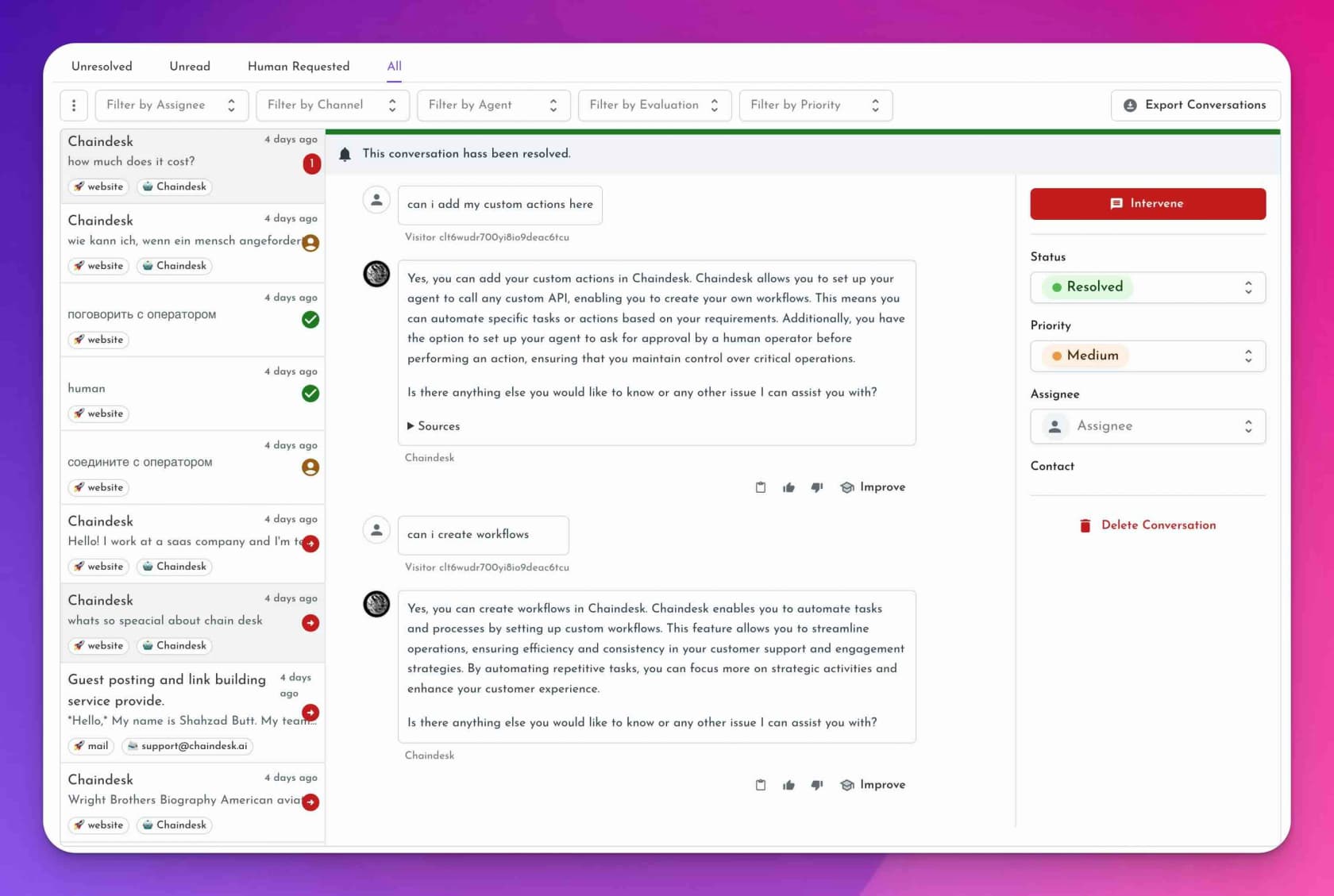 Askli's shared inbox, where a human can intervene and the AI keeps drafting replies