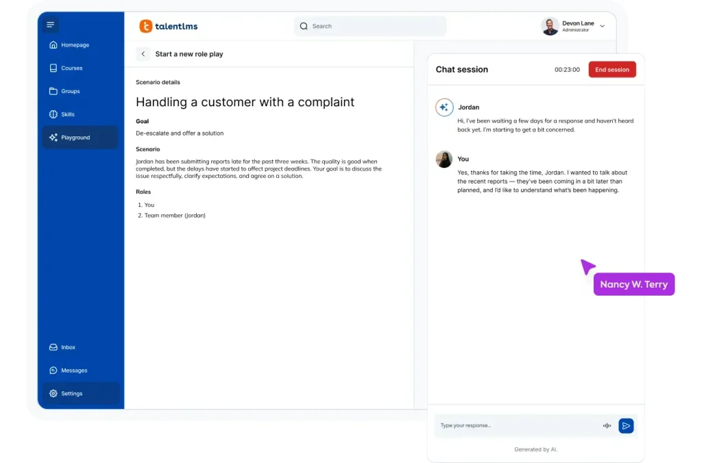 TalentLMS Learning Playground role play where a learner handles a customer complaint with an AI partner, as taken from TalentLMS