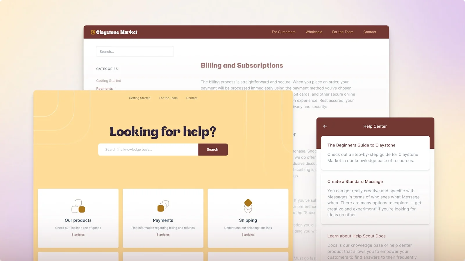 Help Scout Docs knowledge base builder showing article structure and branding options, as taken from Help Scout