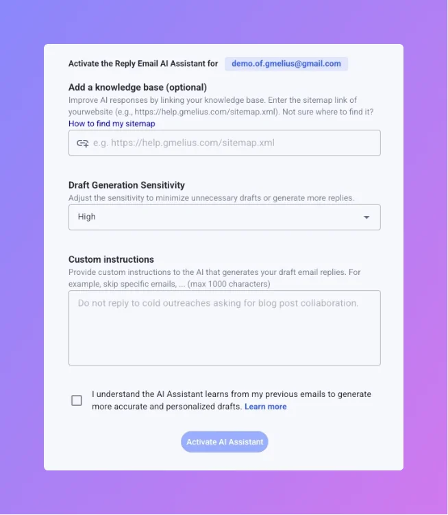 Gmelius AI Draft Assistant setup panel with a single sitemap.xml field labelled Add a knowledge base, a Draft Generation Sensitivity dropdown set to High, and a custom instructions box
