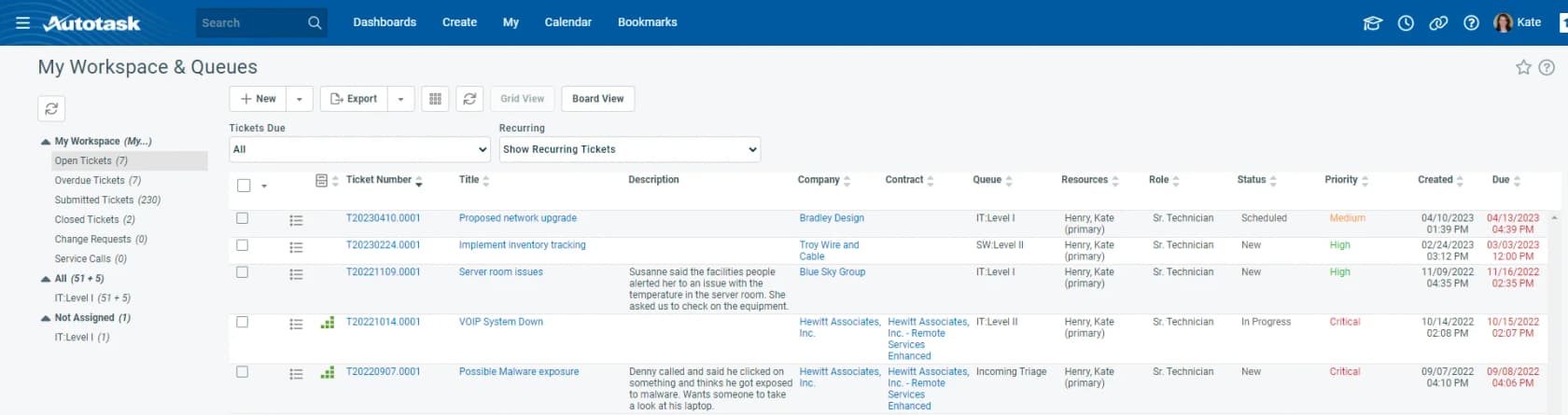 Autotask PSA My Workspace and Queues, a ticket grid with Company, Contract, Queue, Resources, Status and Priority columns, as taken from the Autotask help centre