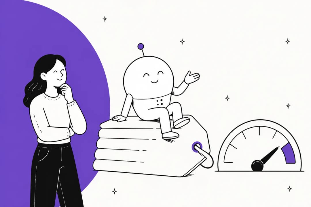 Hand-drawn illustration of a person thinking beside a smiling round agent sitting on a stack of price tags next to a usage gauge, on a violet background shape