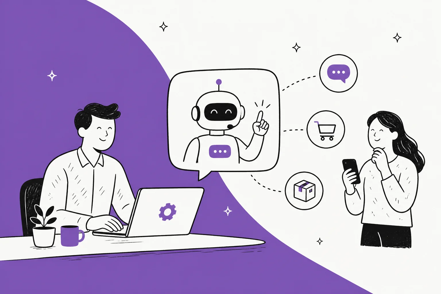 Illustration of an AI support layer connected to a WooCommerce store