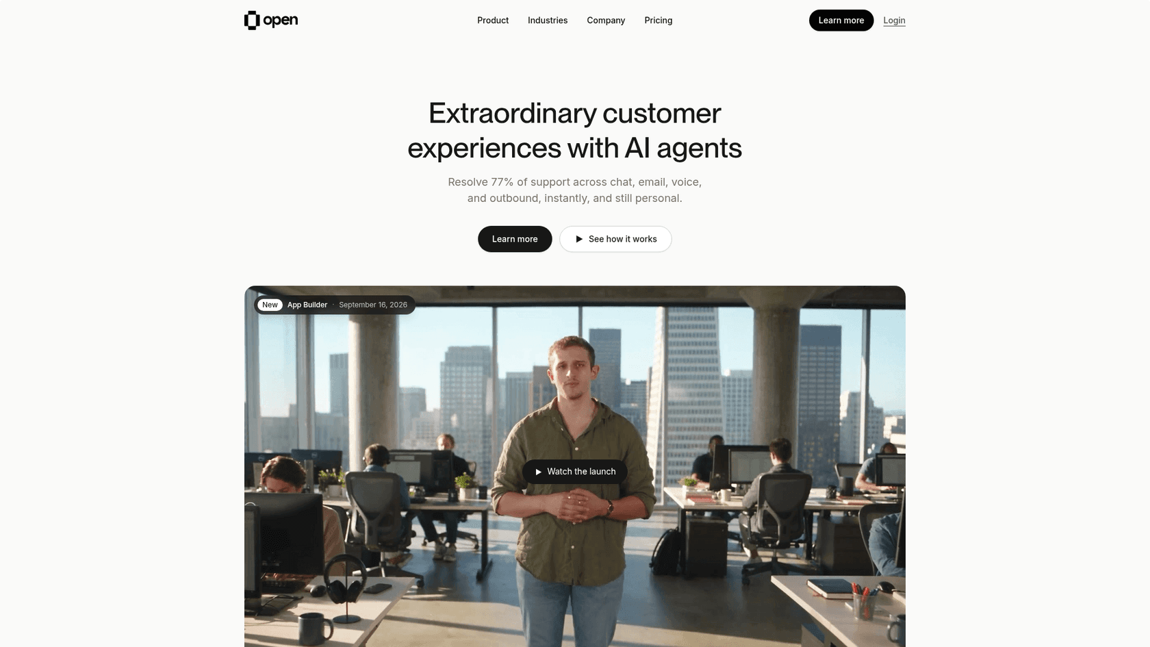 OpenCX homepage with the "Extraordinary customer experiences with AI agents" headline, as taken from OpenCX