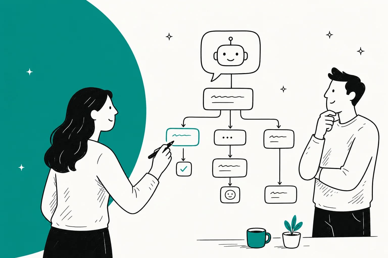 Illustrated conversation flow chart showing a customer message branching into answers and a hand-to-human path